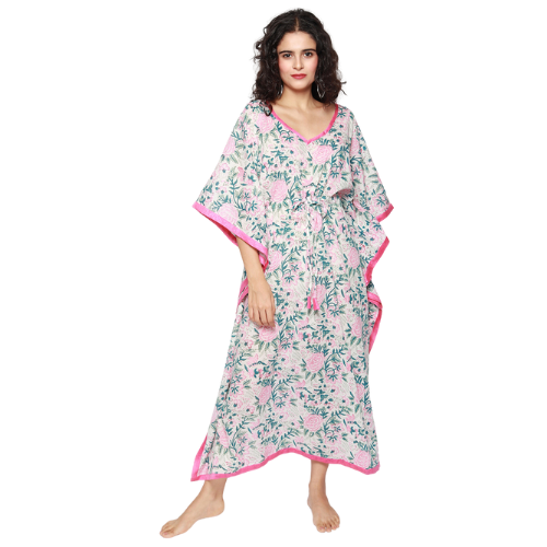 
                  
                    White with Pink florals Cotton Kaftan
                  
                
