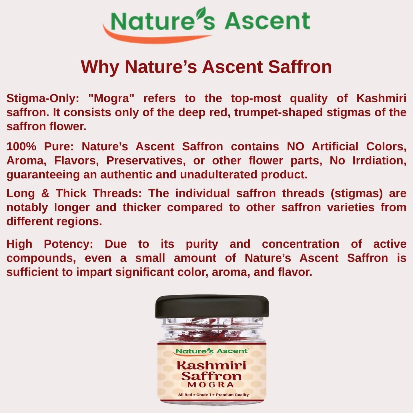 
                  
                    Nature’s Ascent Pure Kashmiri Saffron Mogra | Grade 1 | Handpicked, Unadulterated | Premium Deep Red Threads | Rich Aroma, Flavor & Color (1gm)
                  
                