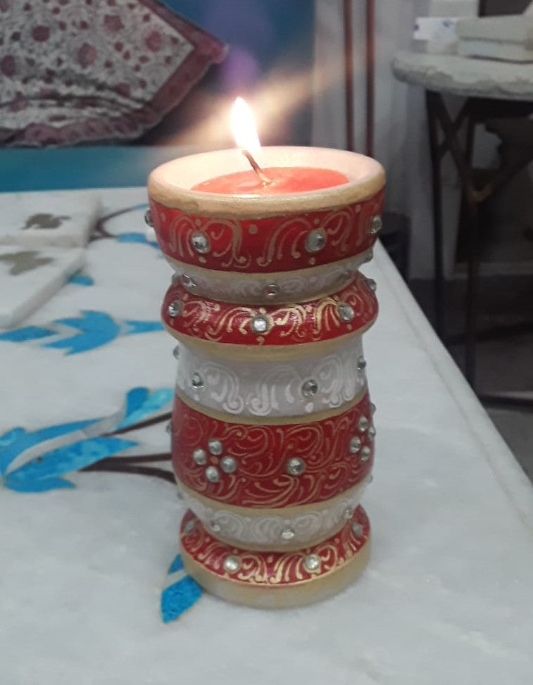 Hand Painted Marble Candle Stand with Exquisite Design and Pearl-like Stones, Perfect Pair for Elegant Home Decor and Gifts.