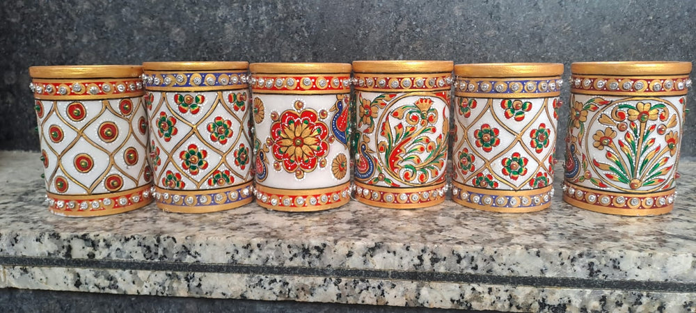 Hand Painted Marble Pen Stands in Crimson, Gold, and Azure, showcasing intricate designs; perfect pair for gifting and corporate giveaways. Diameter 3