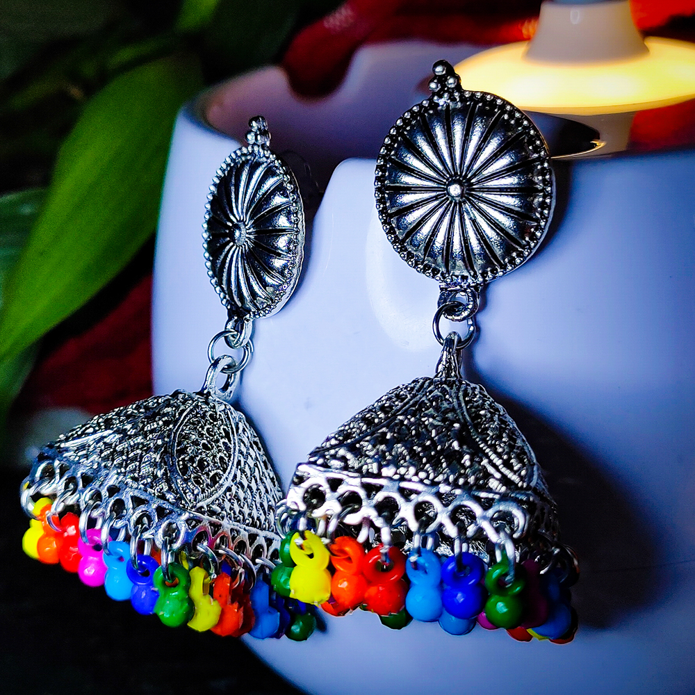 Multicolored Silver Oxidised Jhumkas