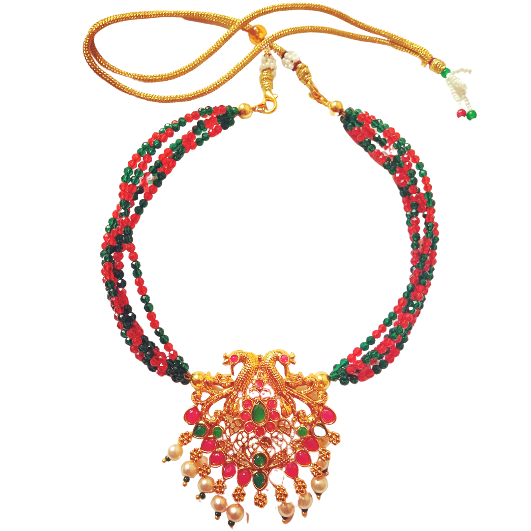 
                  
                    Crystal Beads Necklace with Peacock and Lakshmi Pendant
                  
                