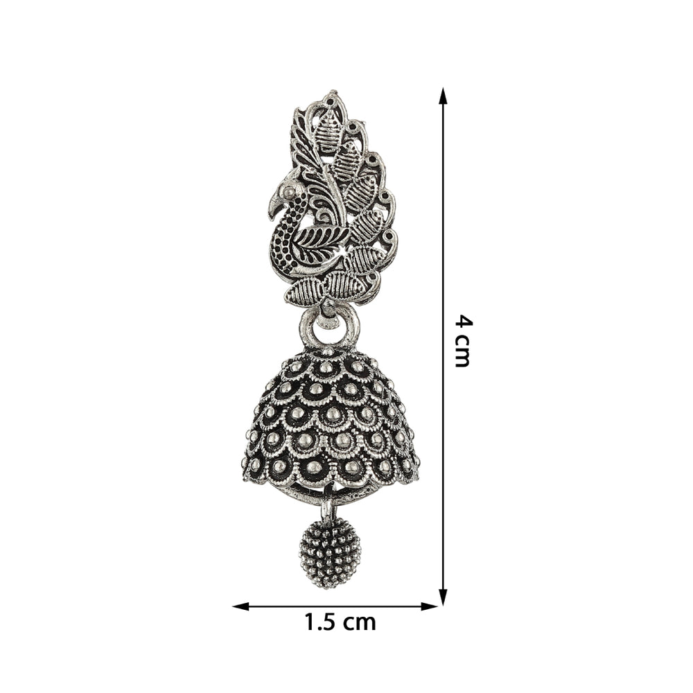 
                  
                    Bandish Oxidised Silver Antique Peacock Jhumki Earrings
                  
                