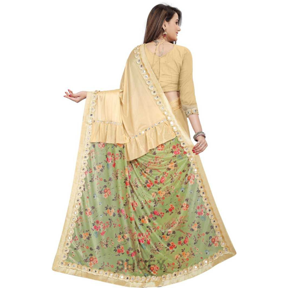 
                  
                    Digital Printed Light Green and Beige Half and Half Ruffle Saree with Heavy Rakhdi Lace
                  
                