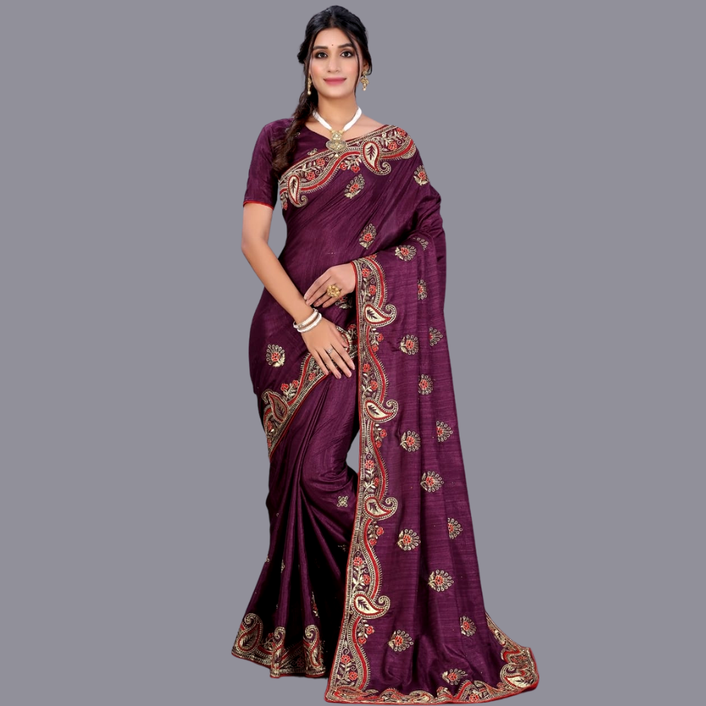 Wine Silk Embroidered Stone Work Saree