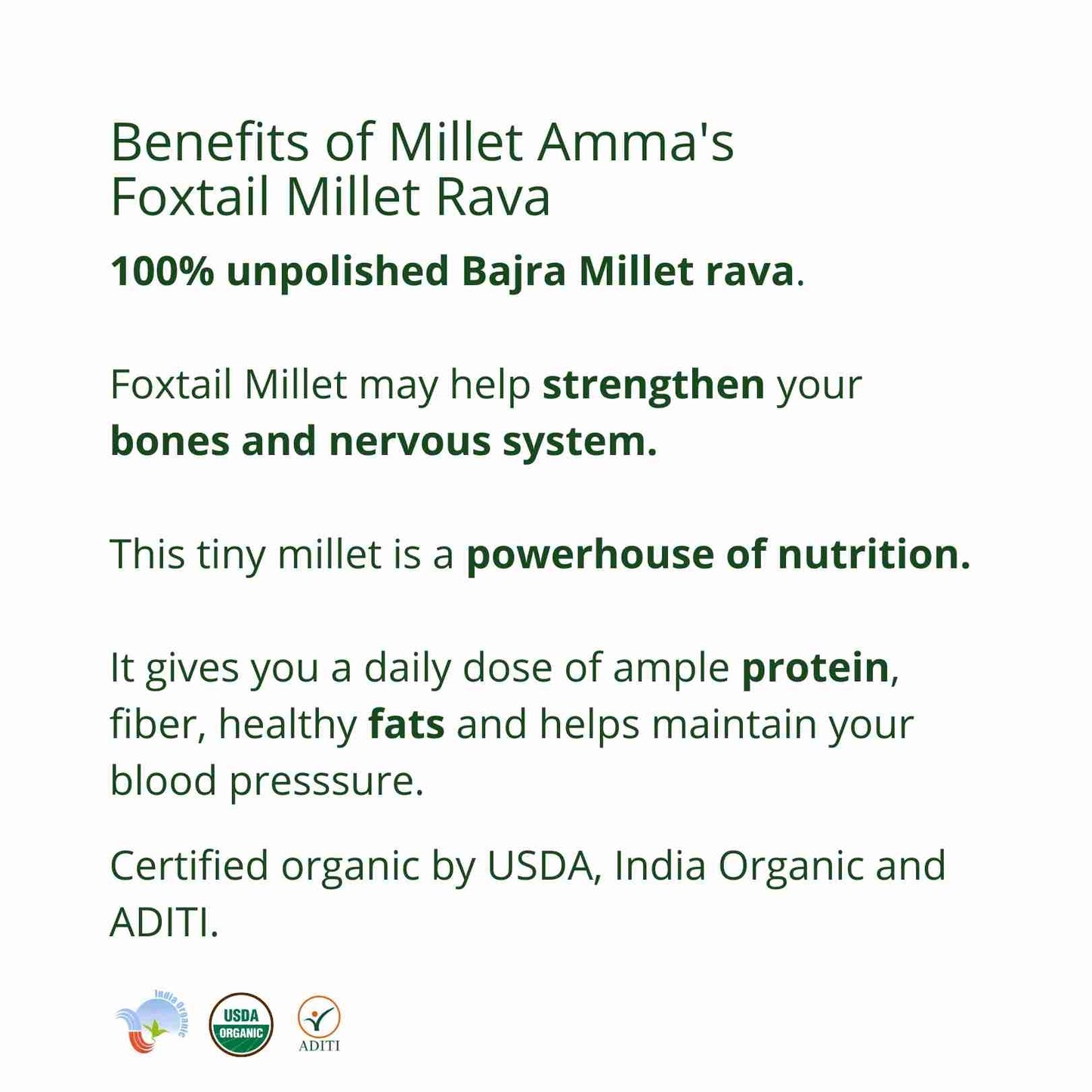 
                  
                    Millet Amma Foxtail Millet Rava Organic (500g)
                  
                
