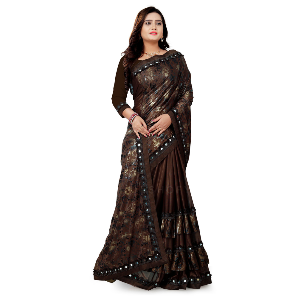 
                  
                    Foil Printed Brown Half and Half Ruffle Saree with Heavy Rakhdi Lace
                  
                