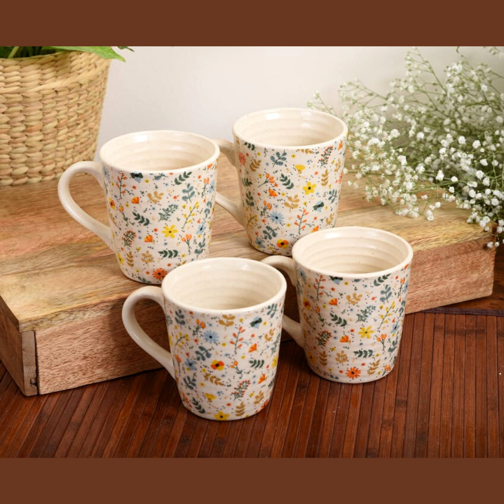 Handmade Floral Ceramic Stoneware Coffee Mugs (Set of 4)