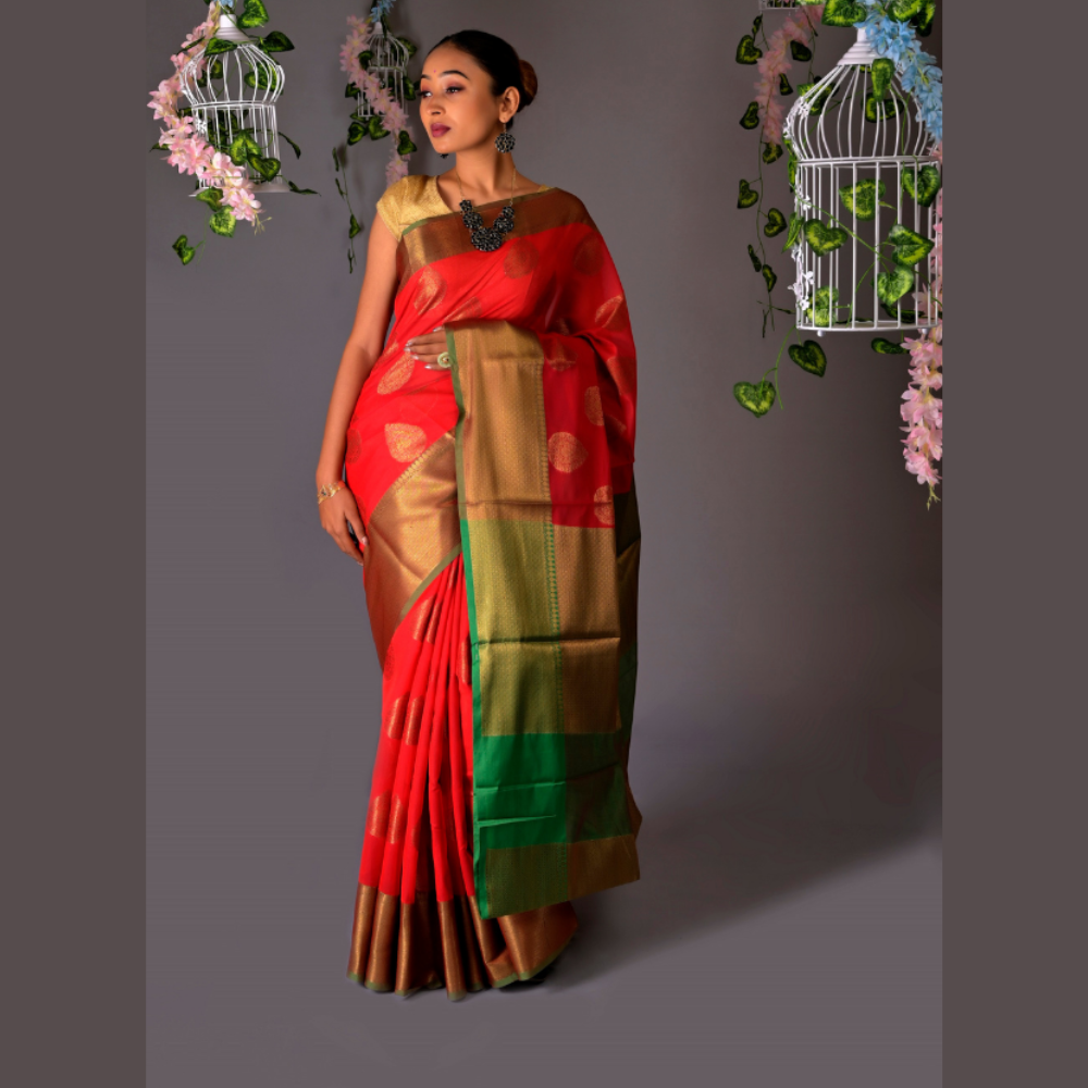
                  
                    Banarasi Cotton Red Azeez Silk Saree
                  
                