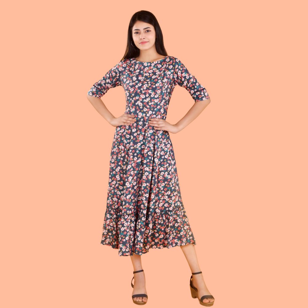 Floral Long Dress With Side Zipper