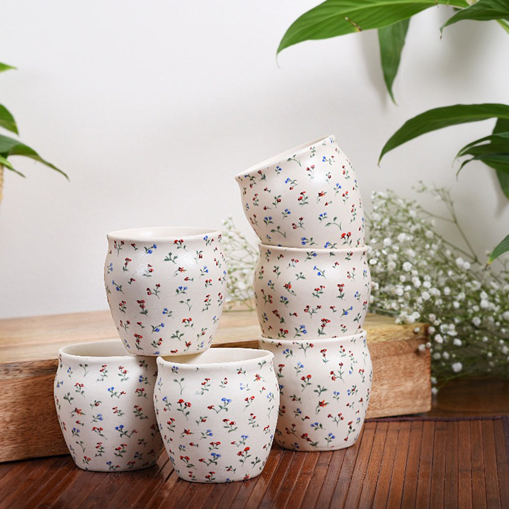 Handmade Floral Ceramic Stoneware Kulhad (Set of 6)