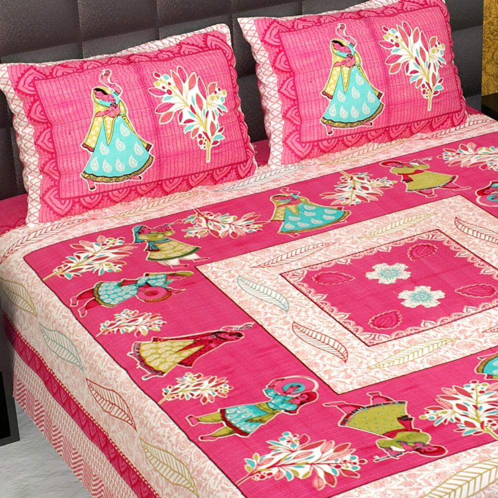 Kandy Shop Sanganeri Printed Cotton King Size Double Bedsheet With 2 Pillow Covers