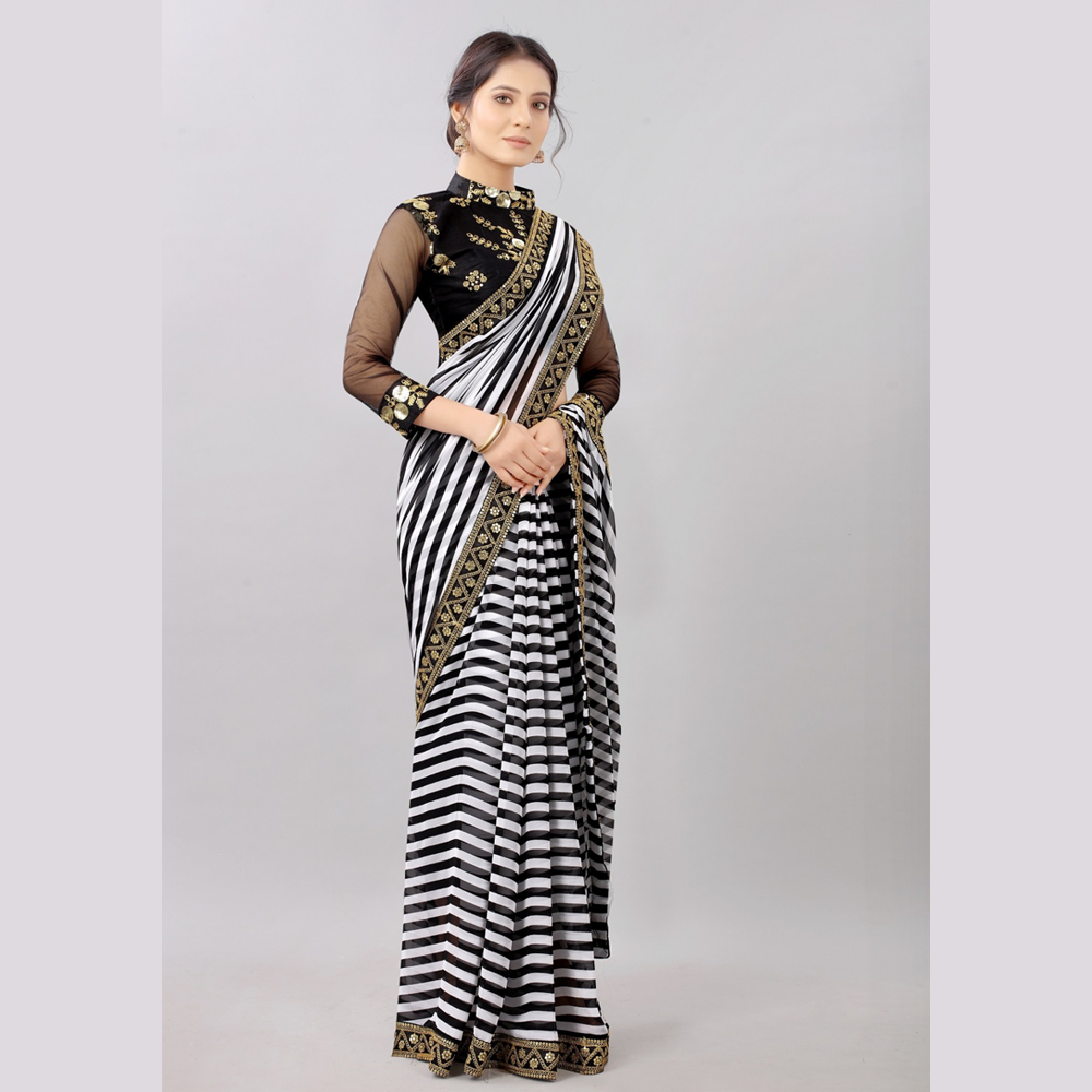 Crepe Soft Silk Black Digital Printed Sari - BUYON