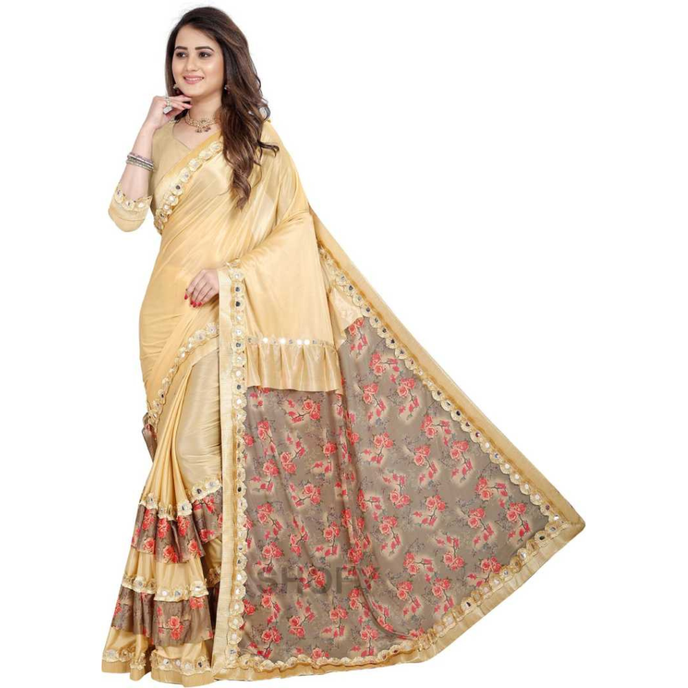 
                  
                    Digital Printed Beige and Brown Half and Half Ruffle Saree with Heavy Rakhdi Lace
                  
                