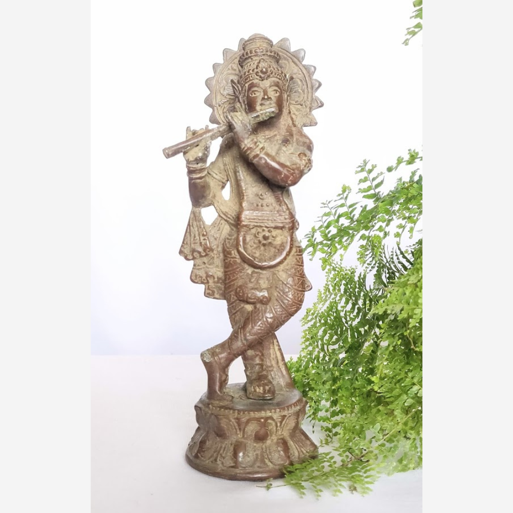 Bronze Sculpture of Lord Krishna in Antiqued finish - East Asian