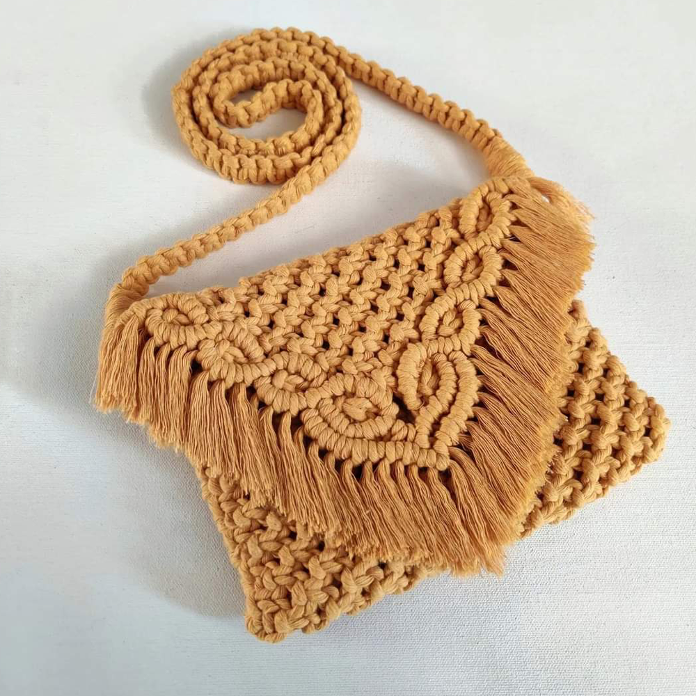 Macrame Sling Bag in Mustard/White