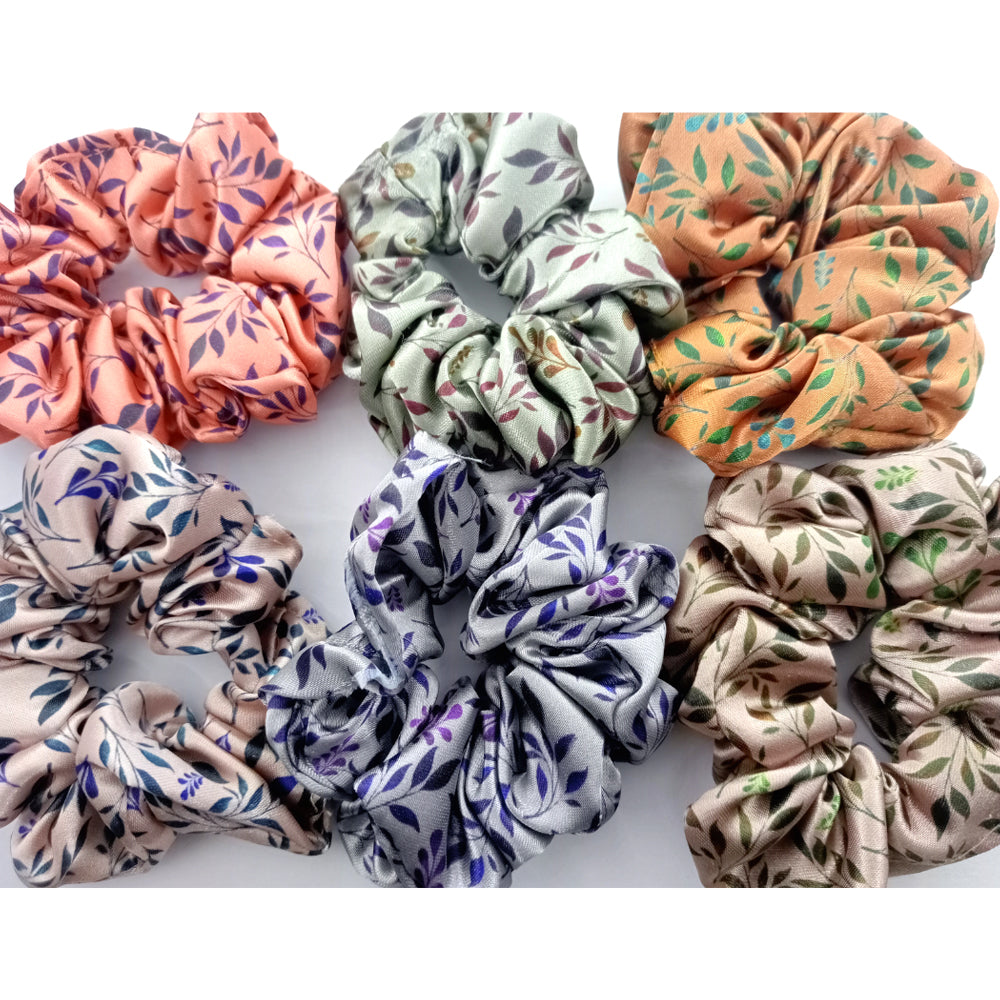 Women's Satin Leaves Printed Multicolour Scrunchies (Pack of 12)