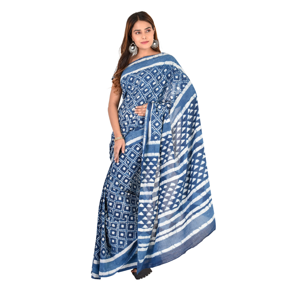 Handblock Indigo Printed Cotton Saree with Indigo Blouse piece