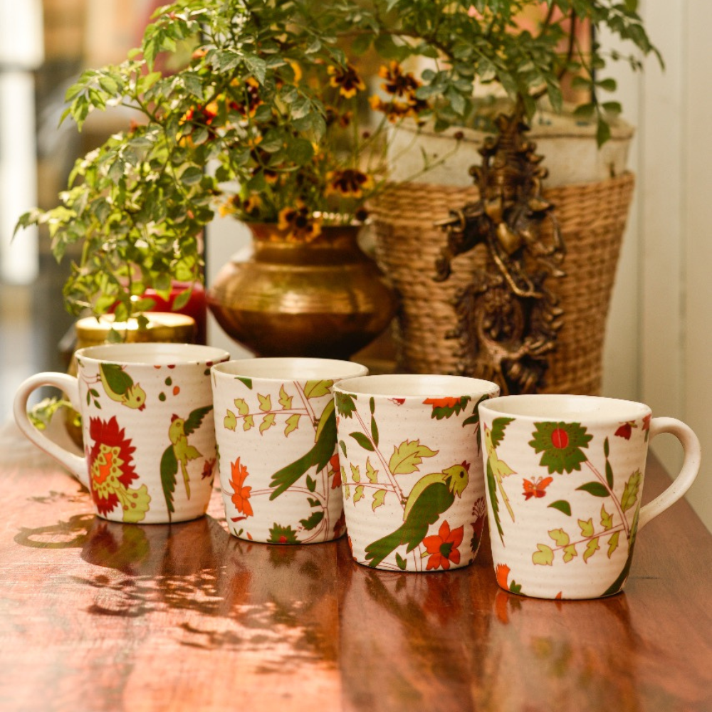 Floral Ceramic Stoneware Mugs (Set of 4)