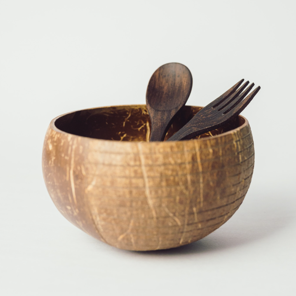 Coconut Shell Bowl with Cutlery