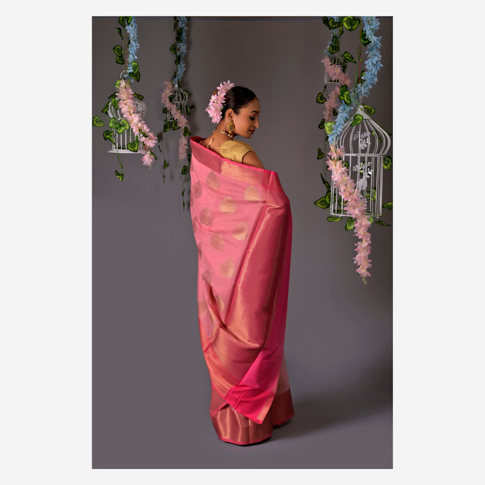 
                  
                    Banarasi Pink Cotton Azeez Silk Saree
                  
                