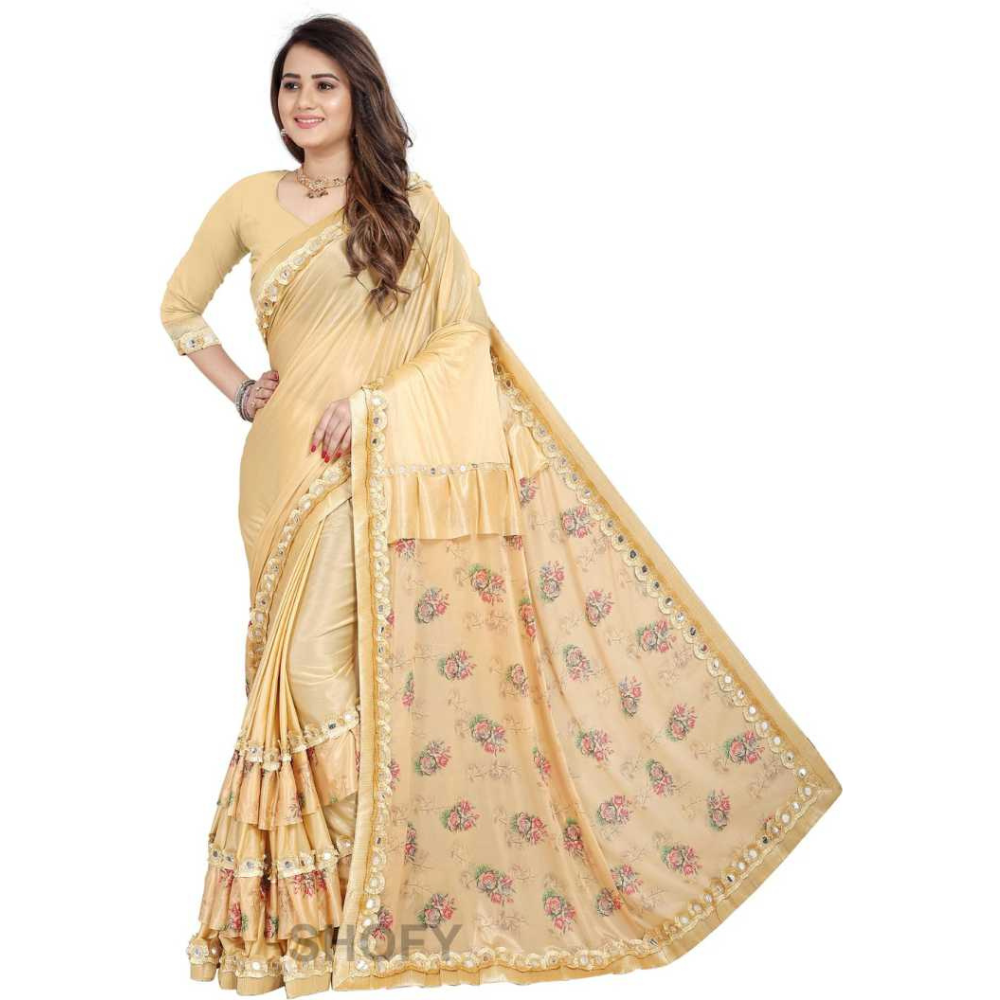 Digital Printed Beige Half and Half Ruffle Saree with Heavy Rakhdi Lace