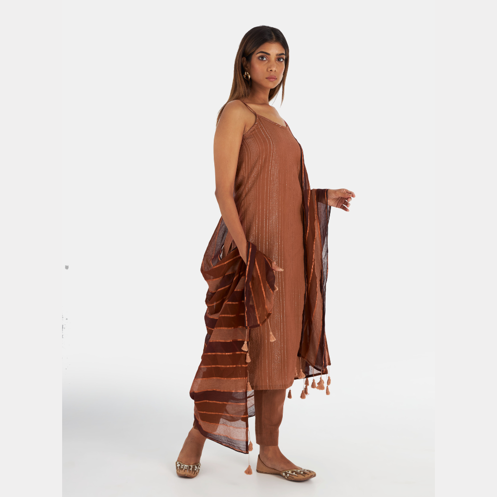 
                  
                    Women's Brown Cotton Blend Striped Kurta Set
                  
                