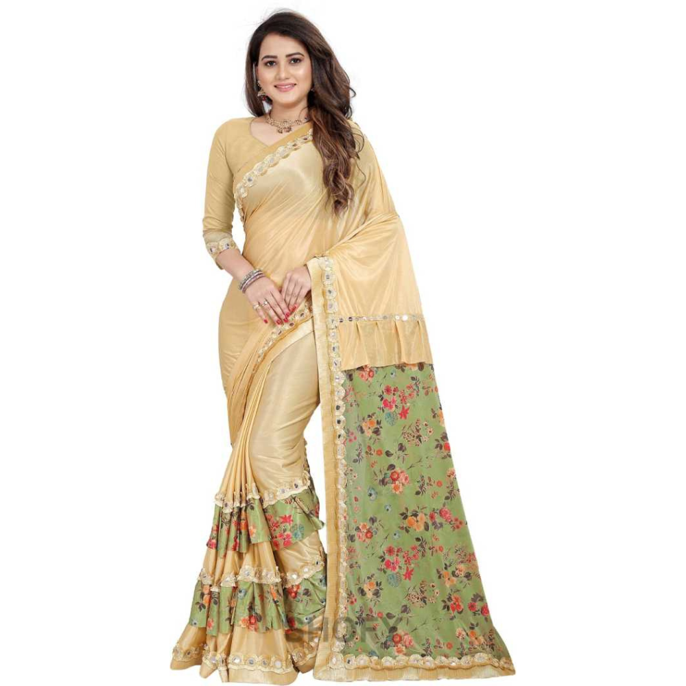 Digital Printed Light Green and Beige Half and Half Ruffle Saree with Heavy Rakhdi Lace