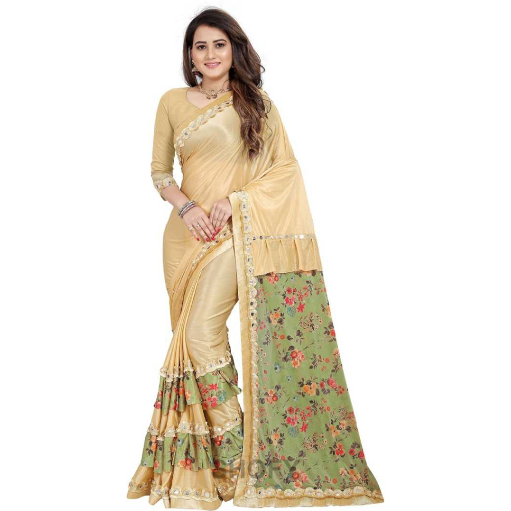 
                  
                    Digital Printed Light Green and Beige Half and Half Ruffle Saree with Heavy Rakhdi Lace
                  
                