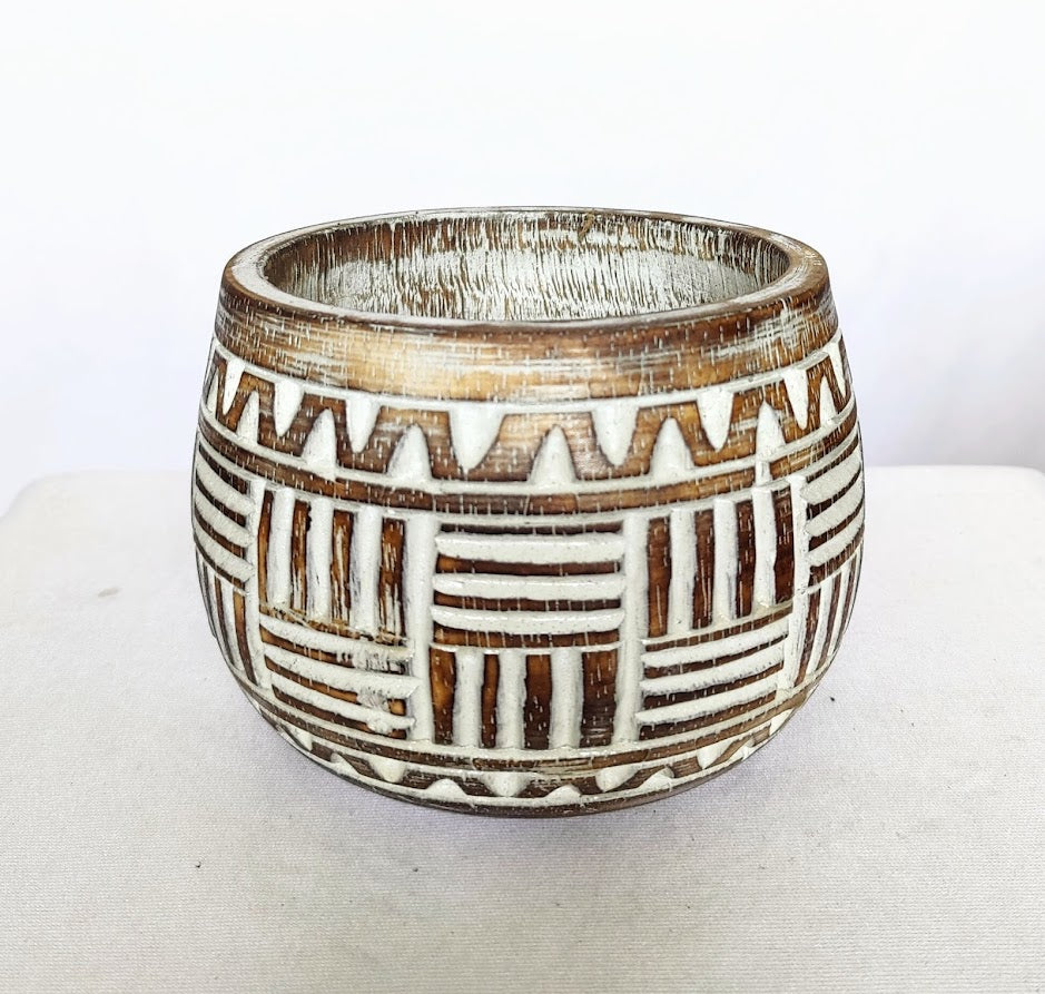
                  
                    Handmade Carved Tribal Line Pattern Wooden Bowl | Planter
                  
                