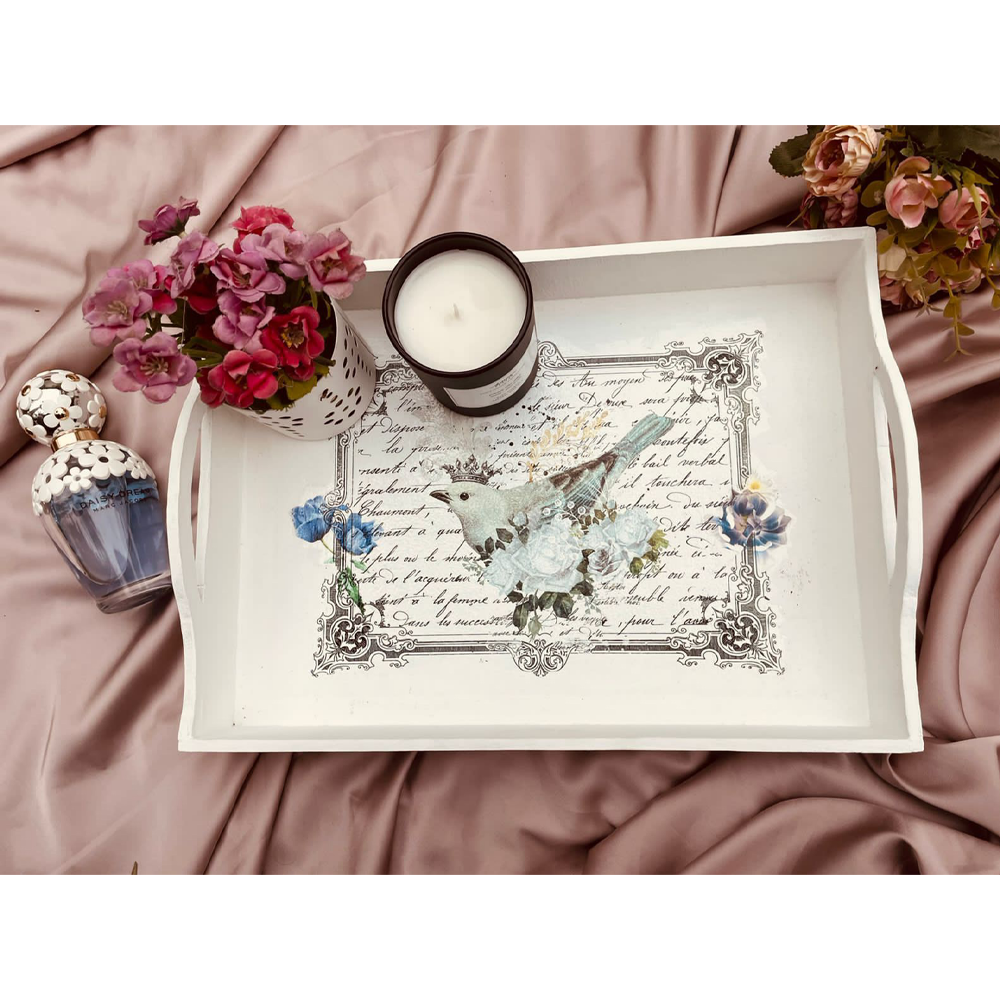 Handmade White Tray With Curved Handle - Singing Bird