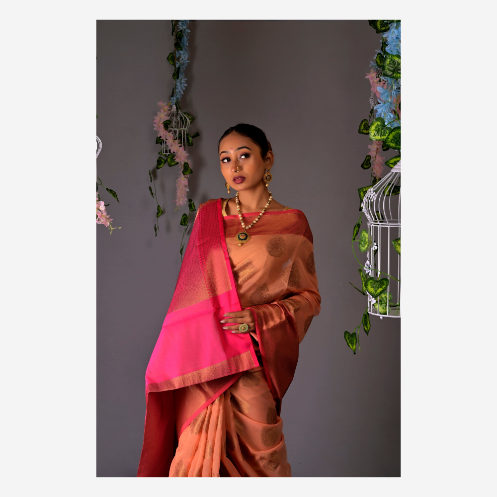 
                  
                    Banarasi Peach Cotton Azeez Silk Saree
                  
                
