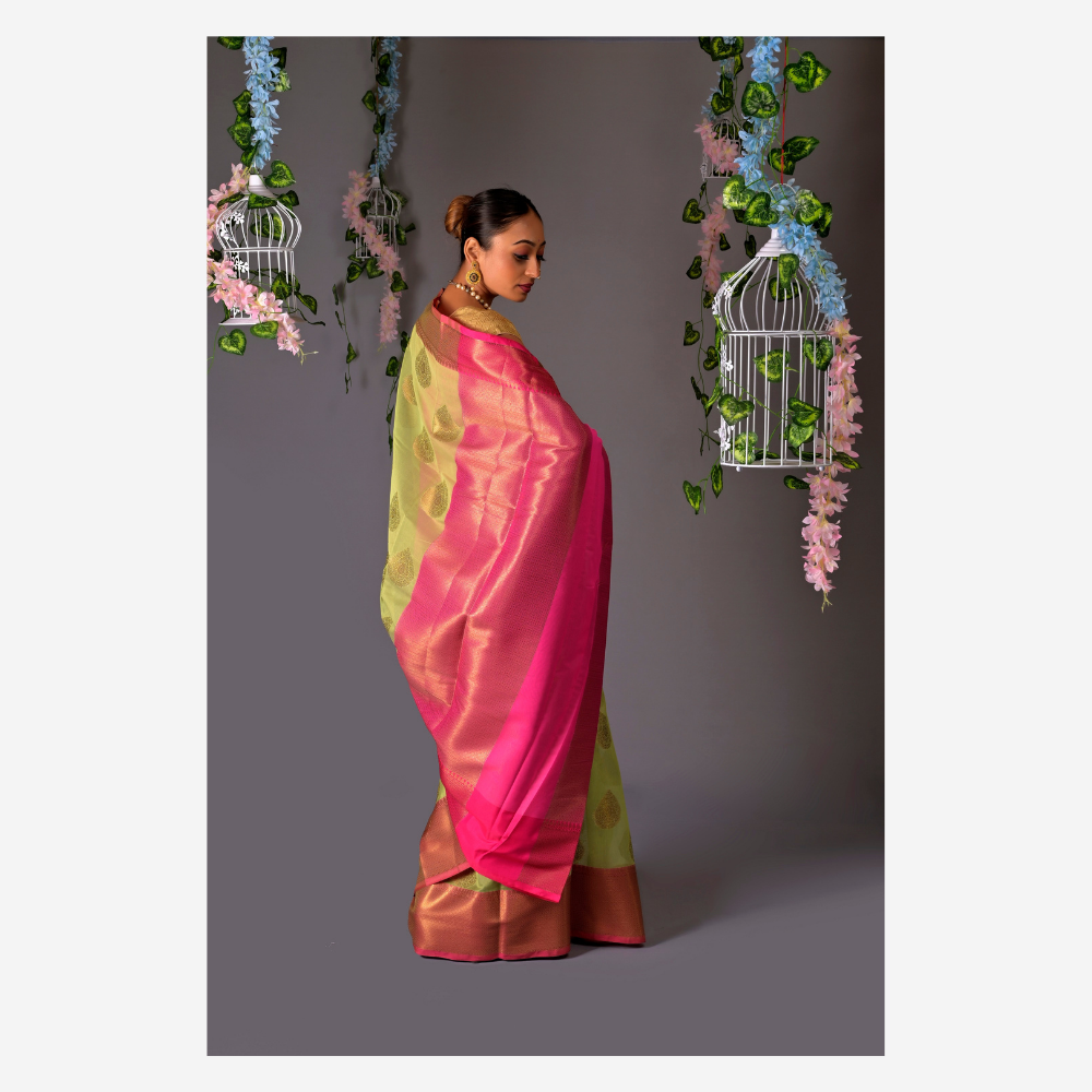 
                  
                    Banarasi Pista Cotton Azeez Silk Saree
                  
                
