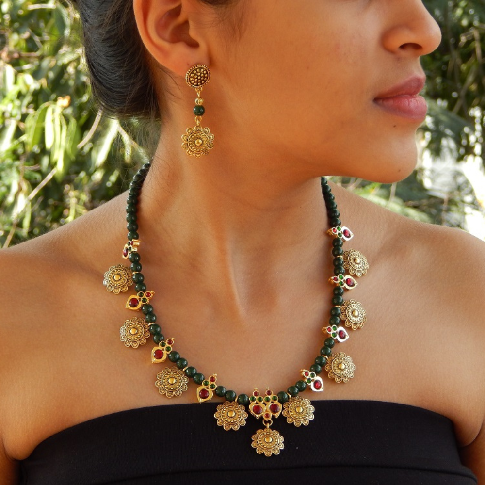 
                  
                    Oxidized Gold Flower Charms with Green Beads Necklace Set - Kreate
                  
                