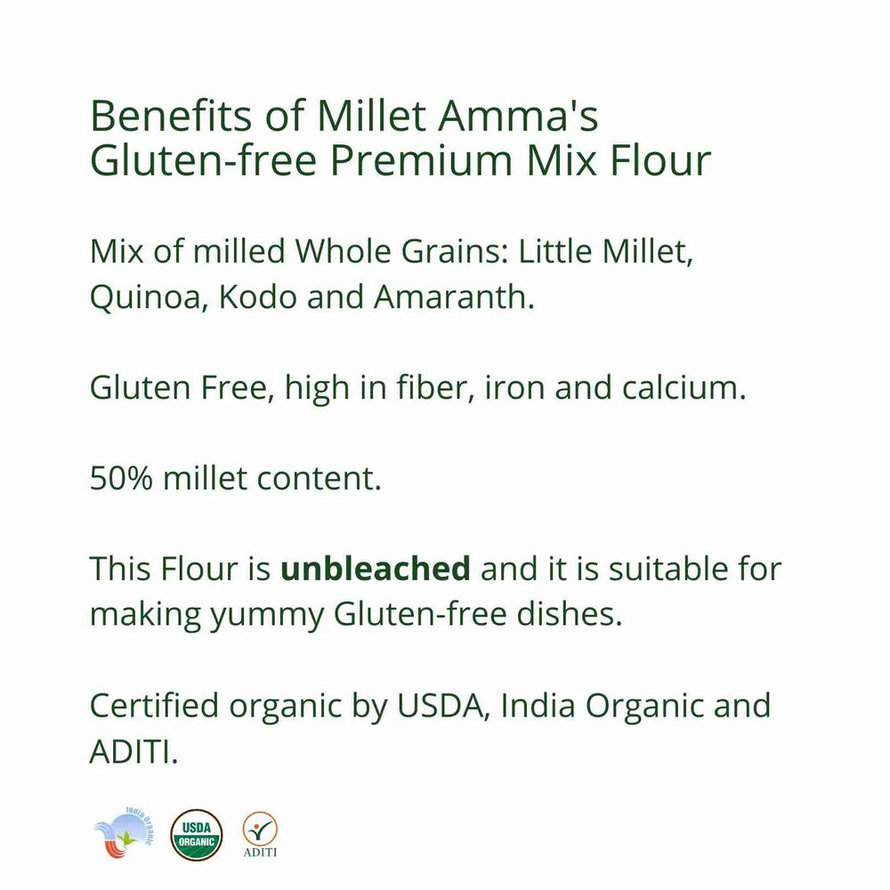 
                  
                    Millet Amma Premium Mix Flour (Quinoa, Barnyard, Amaranth & Kodo) - 1kg
                  
                