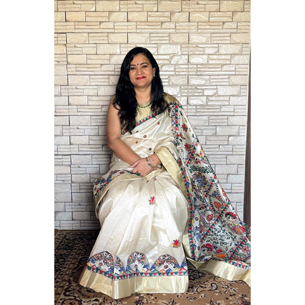 Nidhi - Madhubani Handpainted Linen Saree | Linen World