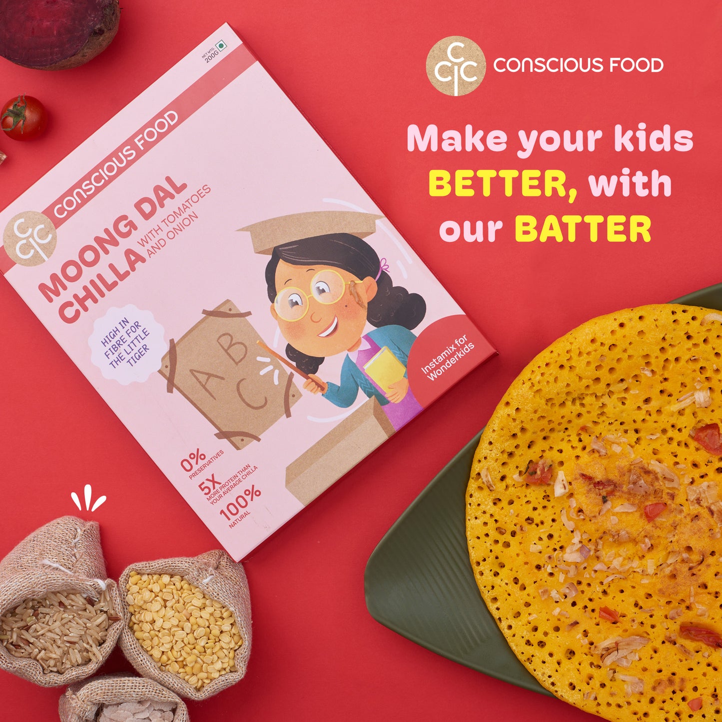 
                  
                    Conscious Food For Kids Moong Dal Chilla Mix Infused with Tomato and Onions (200g)
                  
                