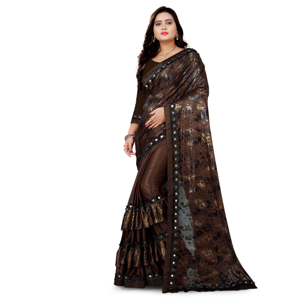 Foil Printed Brown Half and Half Ruffle Saree with Heavy Rakhdi Lace