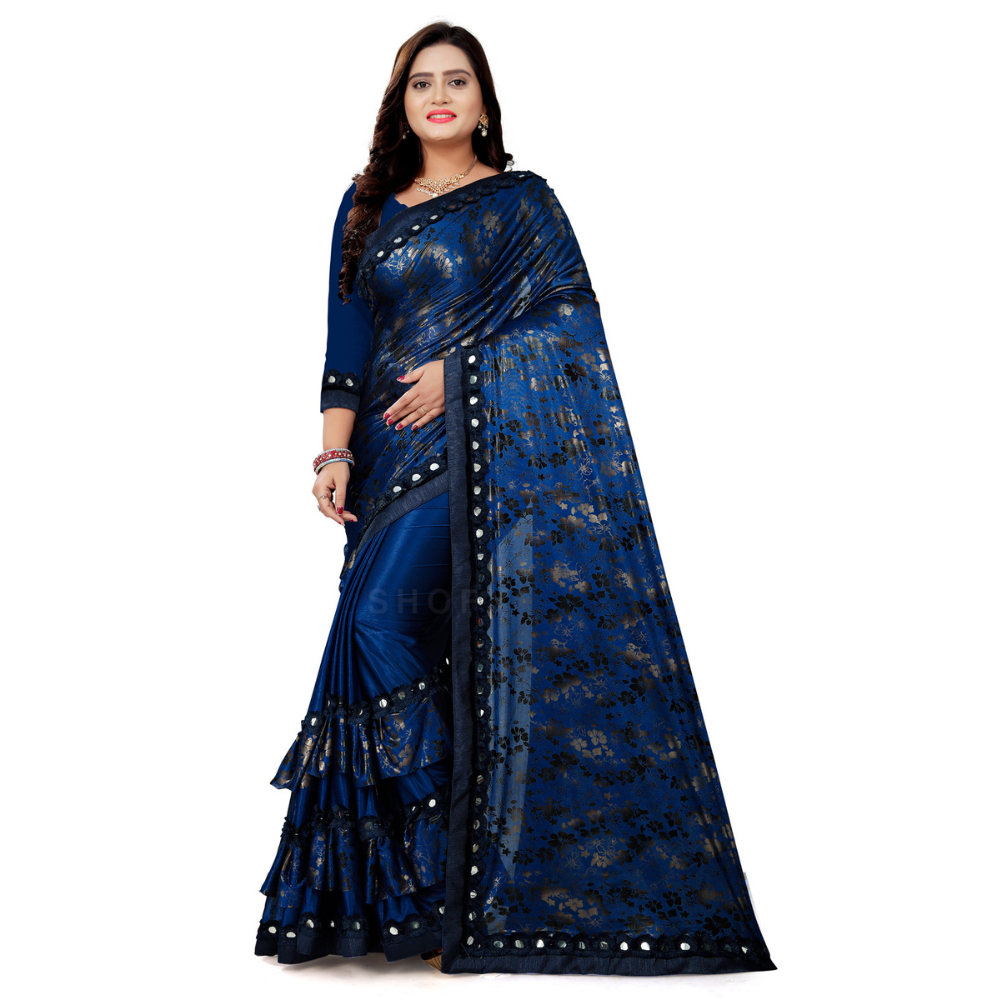 Foil Printed Blue Half and Half Ruffle Saree with Heavy Rakhdi Lace