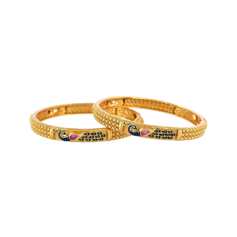 Green And Blue Gold Plated Peacock Meenakari Bangles (Set of 2)