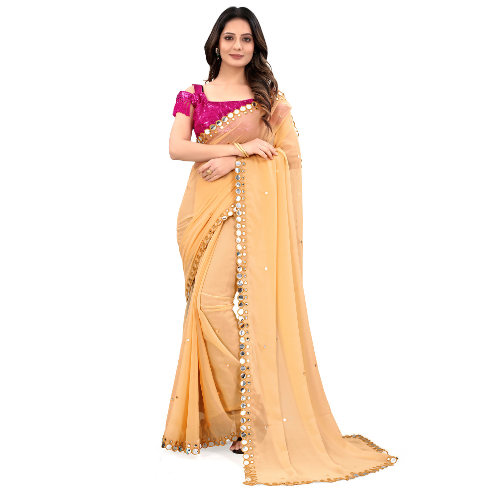 Georgette Beige Colour Saree with Readymade Blouse