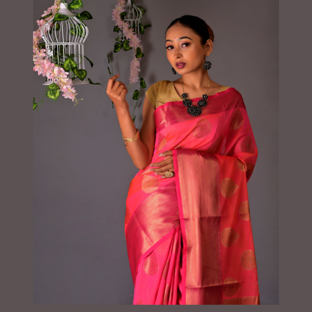 
                  
                    Banarasi Baby Pink Cotton Azeez Silk Saree
                  
                