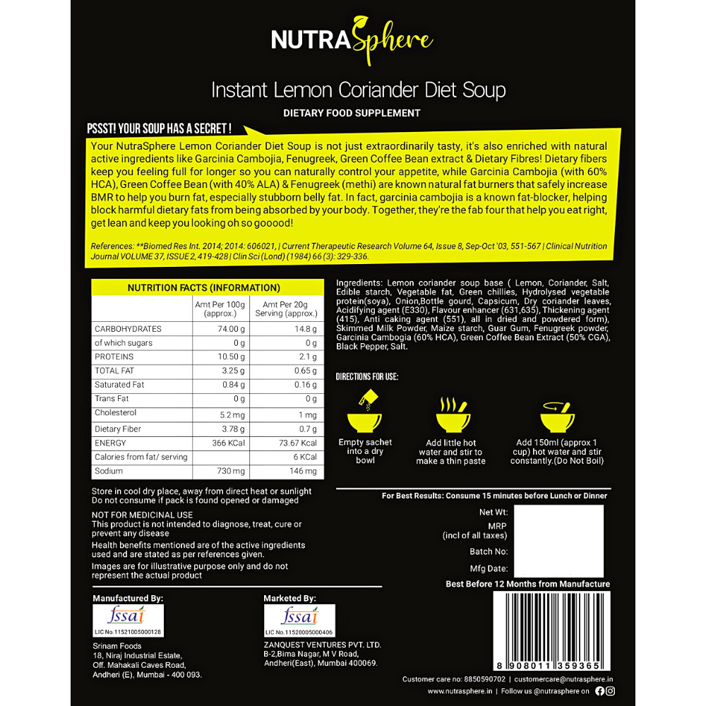 
                  
                    NutraSphere Lemon Coriander Diet Soup and Manchow Fiber Soup Mix Powder (10 Servings each) - 200g each
                  
                