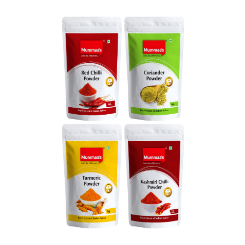 Mummaas Turmeric Powder (100g), Coriander Powder (100g X 2), Red Chilli Powder (100g), Kashmiri Chilli Powder (100g)