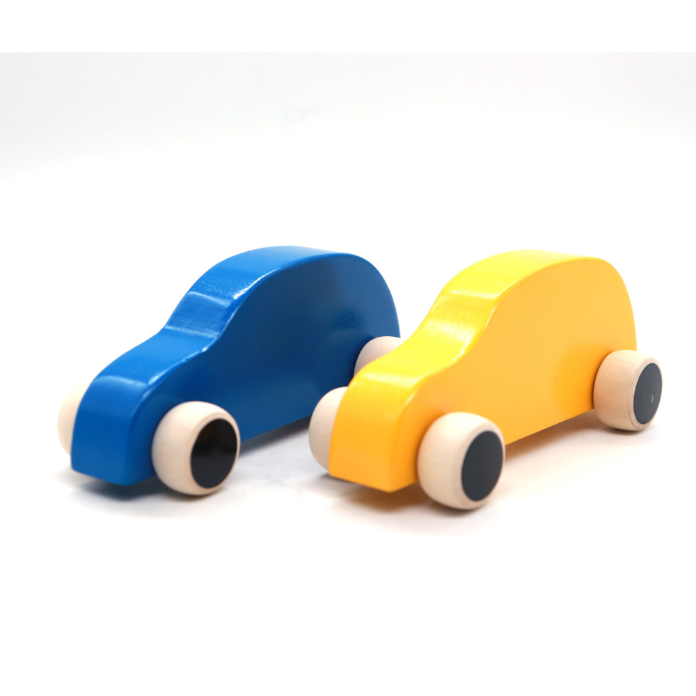 Adhyam Toys Wooden Color Cars - Set of 2 (Blue and Yellow Color)