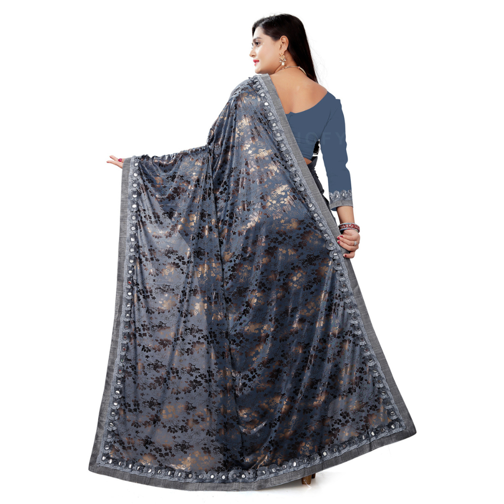 
                  
                    Foil Printed Grey Half and Half Ruffle Saree with Heavy Rakhdi Lace
                  
                