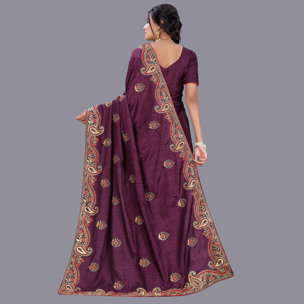 
                  
                    Wine Silk Embroidered Stone Work Saree
                  
                