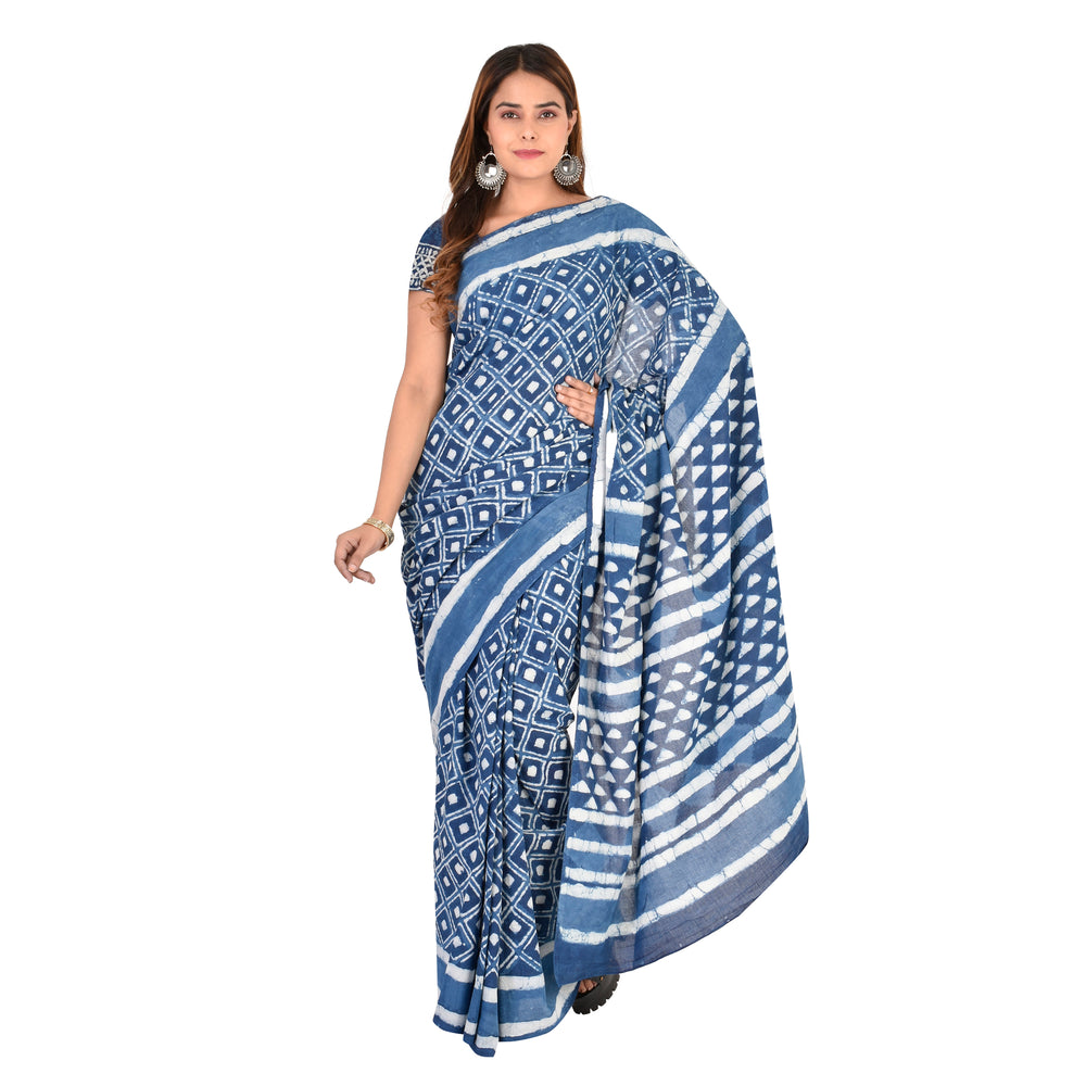 
                  
                    Handblock Indigo Printed Cotton Saree with Indigo Blouse piece
                  
                