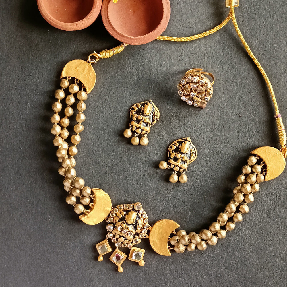 Lakshmi Gold Choker with Earrings and Finger Ring