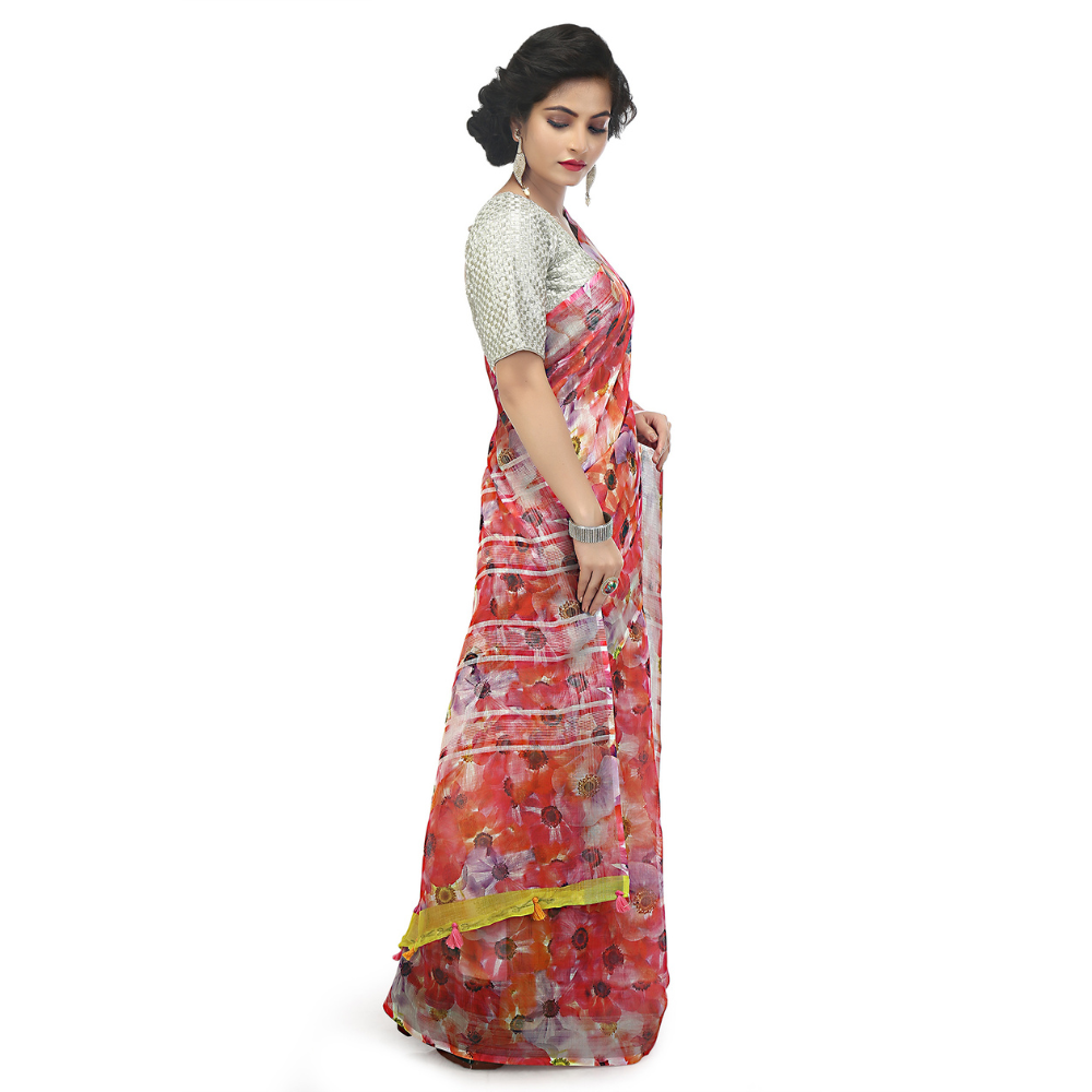 
                  
                    Pure Linen Floral Print Handloom Saree
                  
                